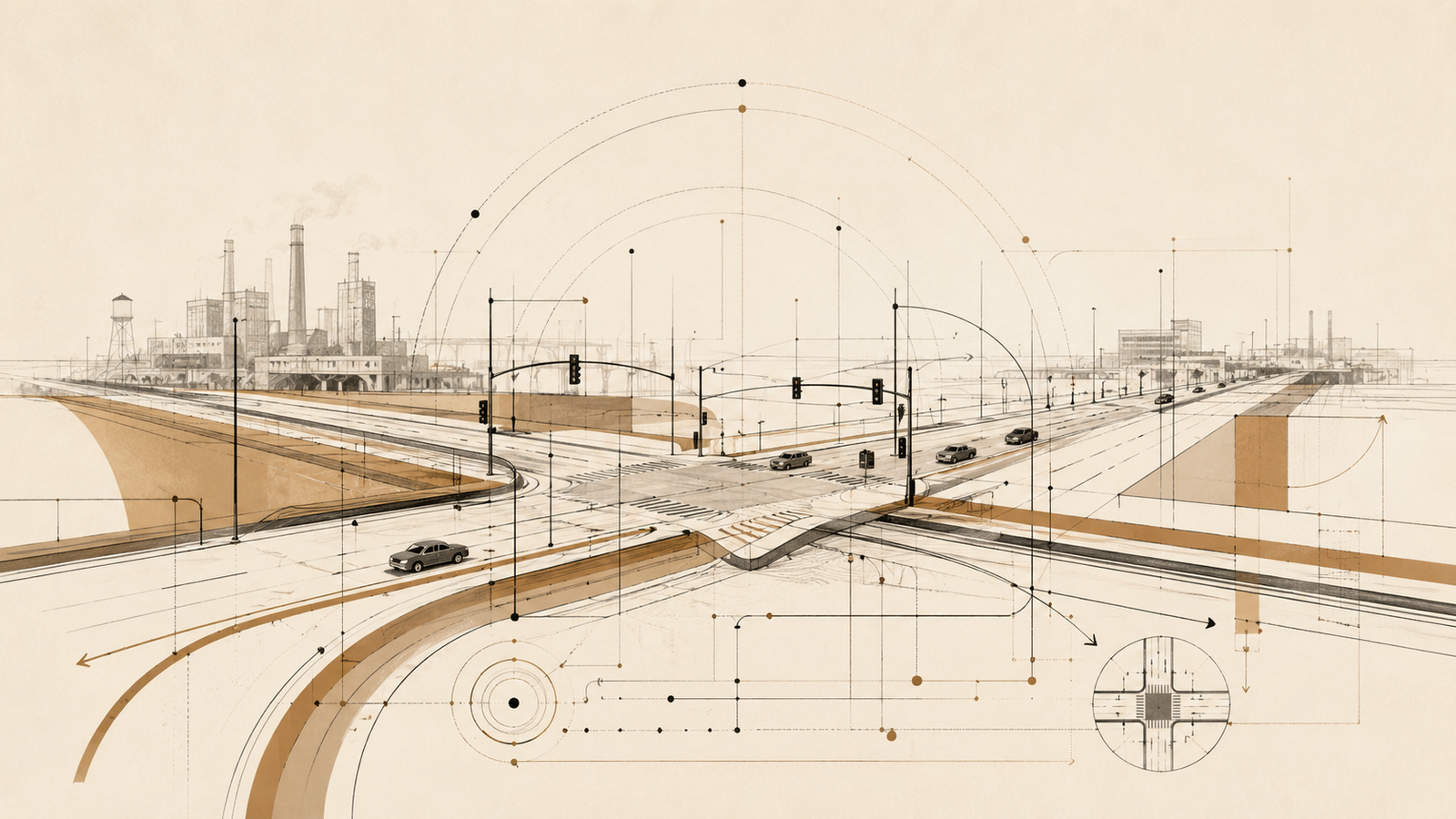 Garrett Morgan public safety infrastructure illustration showing coordinated urban traffic pathways and structured movement.
