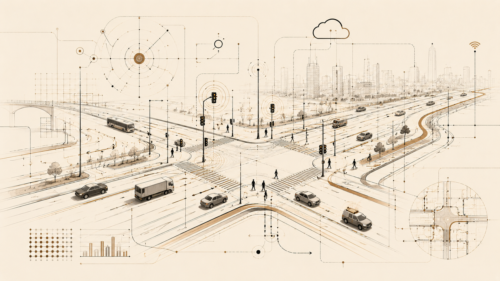 Modern traffic coordination infrastructure inspired by Garrett Morgan's public safety legacy, including structured intersection movement and controlled transitions.