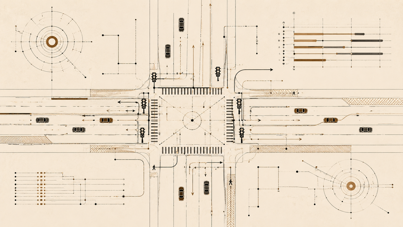 Garrett Morgan traffic coordination systems diagram illustrating structured intersection movement, clearance, and sequencing.