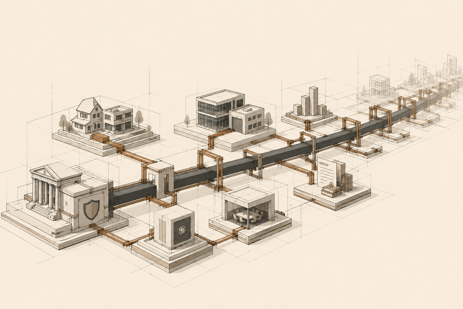 Architectural illustration representing generational wealth architecture through ownership, governance, protection, investing, and long-term family continuity