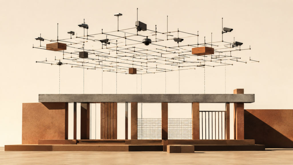 Minimalist architectural illustration of a surveillance grid held above a civic framework, symbolizing technology governance and public accountability.