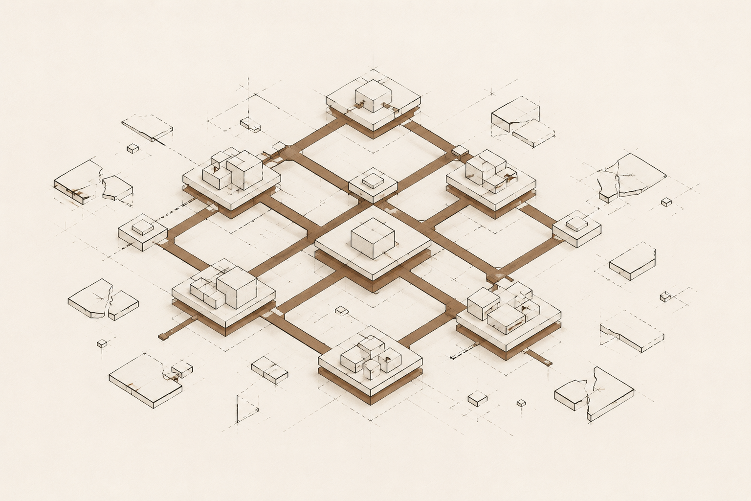 Architectural illustration representing cooperative economics, shared ownership systems, and structured community wealth building