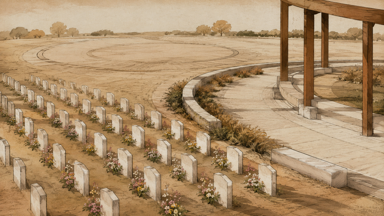 Black origins of Memorial Day civic memory landscape with white grave markers, an architectural pathway, and a faint racetrack outline.
