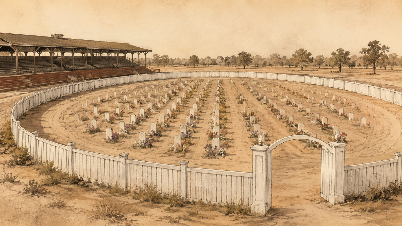 Black origins of Memorial Day illustration showing a former racetrack transformed into a memorial cemetery with white grave markers and flowers.