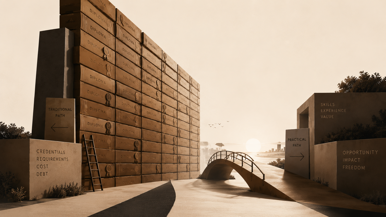Credential inflation illustration showing a towering wall of diplomas blocking a pathway while a practical bridge creates a direct route toward opportunity and economic mobility.