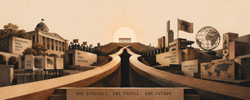 Minimalist editorial architectural illustration showing two distinct pathways converging toward a shared horizon. One pathway constructed from peaceful civic architecture, voting booths, courthouse columns, and community gathering spaces symbolizing Martin Luther King Jr.'s nonviolent movement. The second pathway constructed from bold geometric structures, international connections, raised platforms, and symbolic self-determination architecture representing Malcolm X's human rights framework. Both pathways gradually merge into a unified civic foundation beneath a rising dawn. No portraits or recognizable faces. Warm sand background (#f5f3ef), clay brown architectural forms (#8c6b4f), soft charcoal shadows (#1a1a1a), sophisticated magazine editorial style, high negative space, cinematic lighting, symbolism of strategic convergence, civil rights history, political pressure, and systemic change. Premium long-form journalism illustration. Wide panoramic composition, 4:1 ratio.