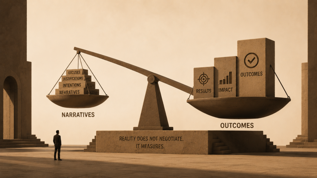 Minimalist architectural scale balancing written narratives against measurable outcomes, with the outcomes side outweighing the narratives. Warm sand background, clay brown geometric structures, and cinematic lighting symbolize accountability, evidence, and results over rhetoric.
