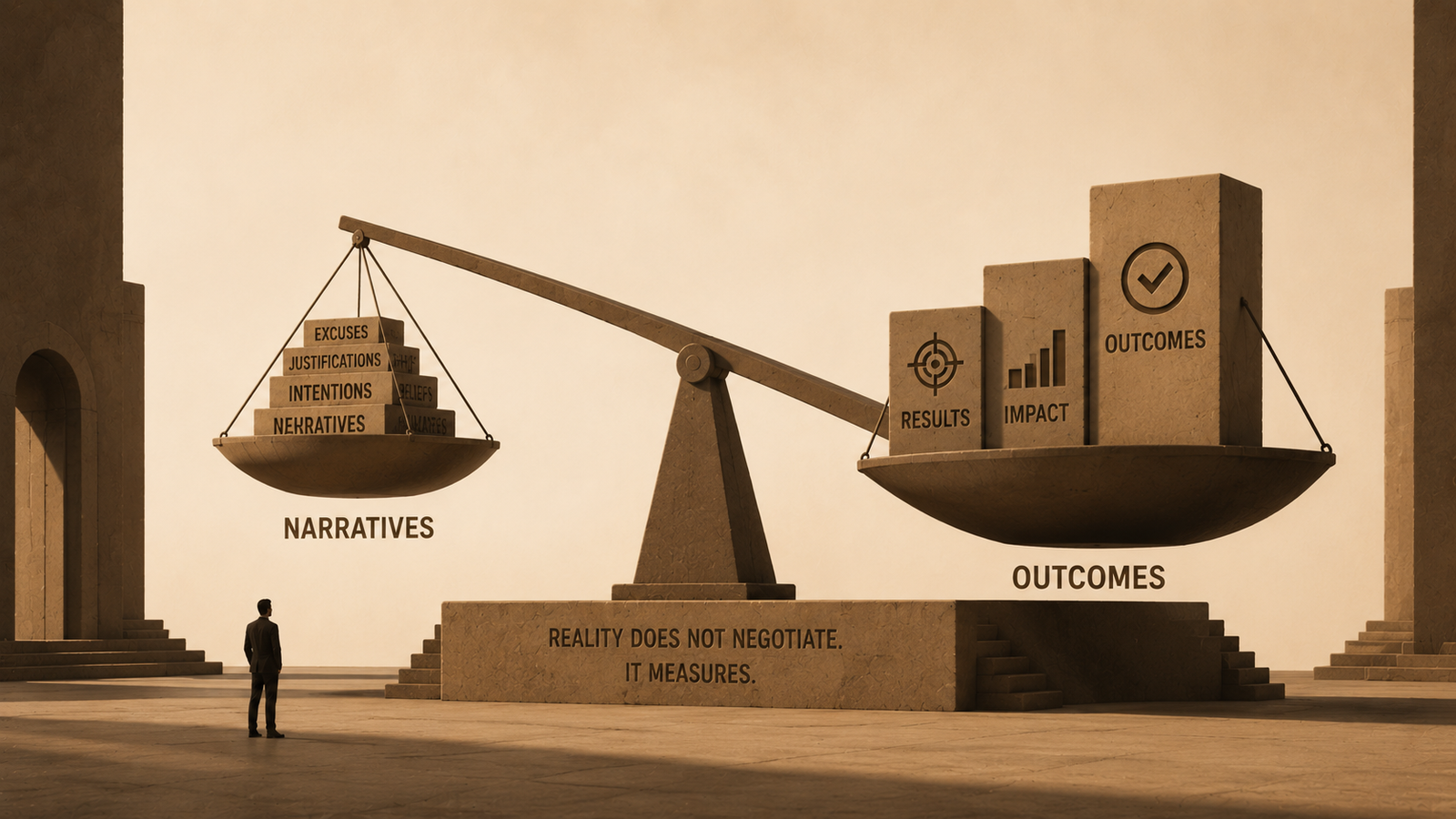Outcomes do not care about narratives represented by a minimalist architectural scale balancing stories against measurable results.