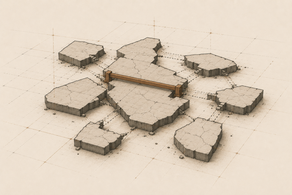 Architectural illustration representing heirs’ property fragmentation and Black land loss through unstable inheritance systems.