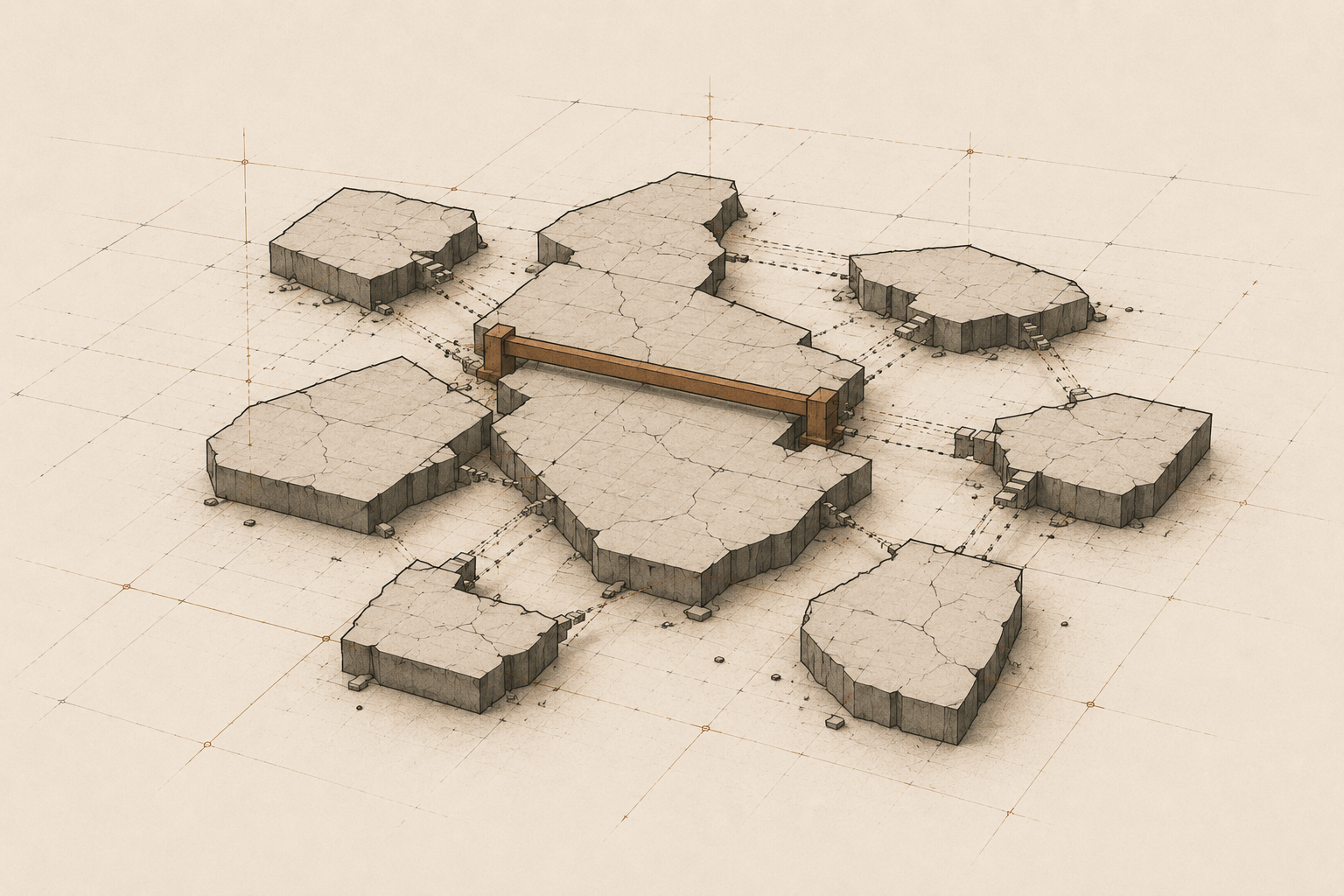 Architectural illustration representing heirs’ property fragmentation and Black land loss through unstable inheritance systems
