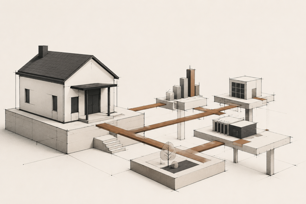 Architectural illustration representing homeownership as one part of a broader Black wealth-building system.