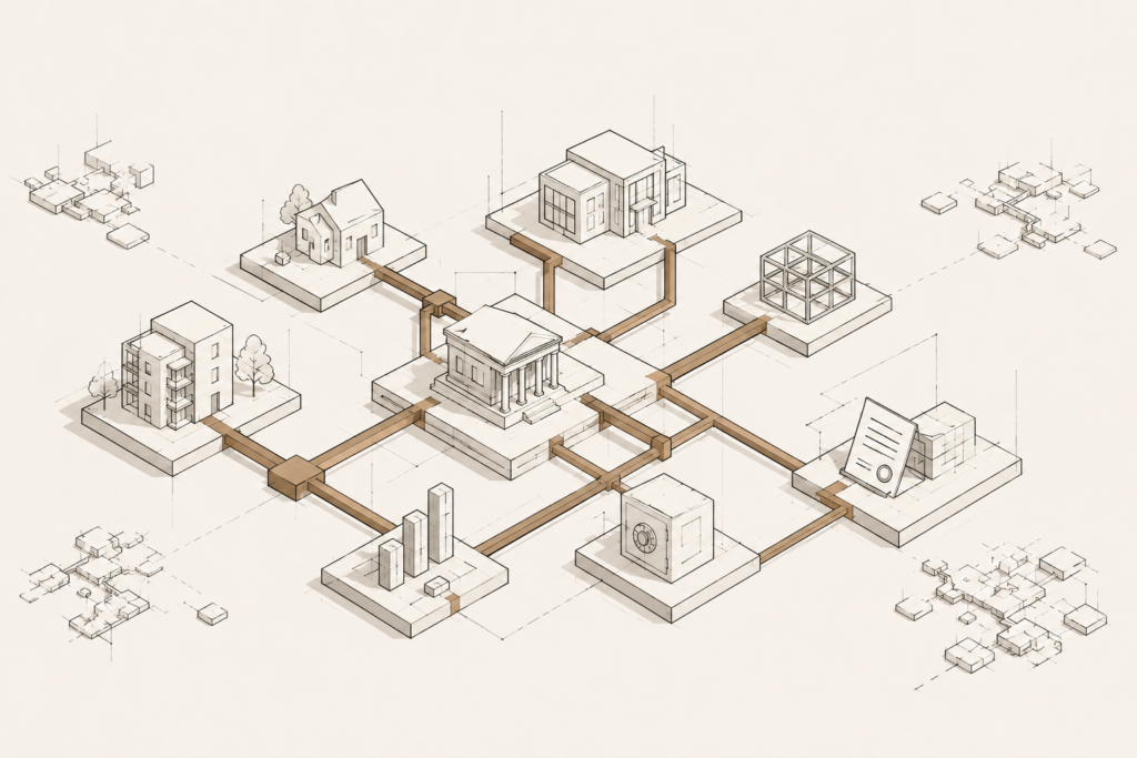 Architectural illustration representing interconnected systems required to build generational wealth across Black families