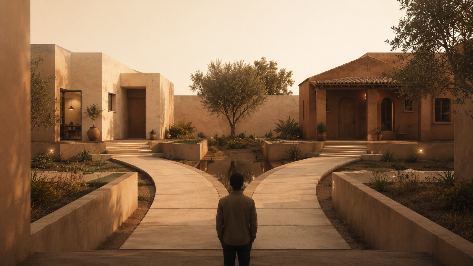 Childhood view of love shown through a reflective architectural courtyard with mirrored pathways leading toward different homes and inherited relationship models.