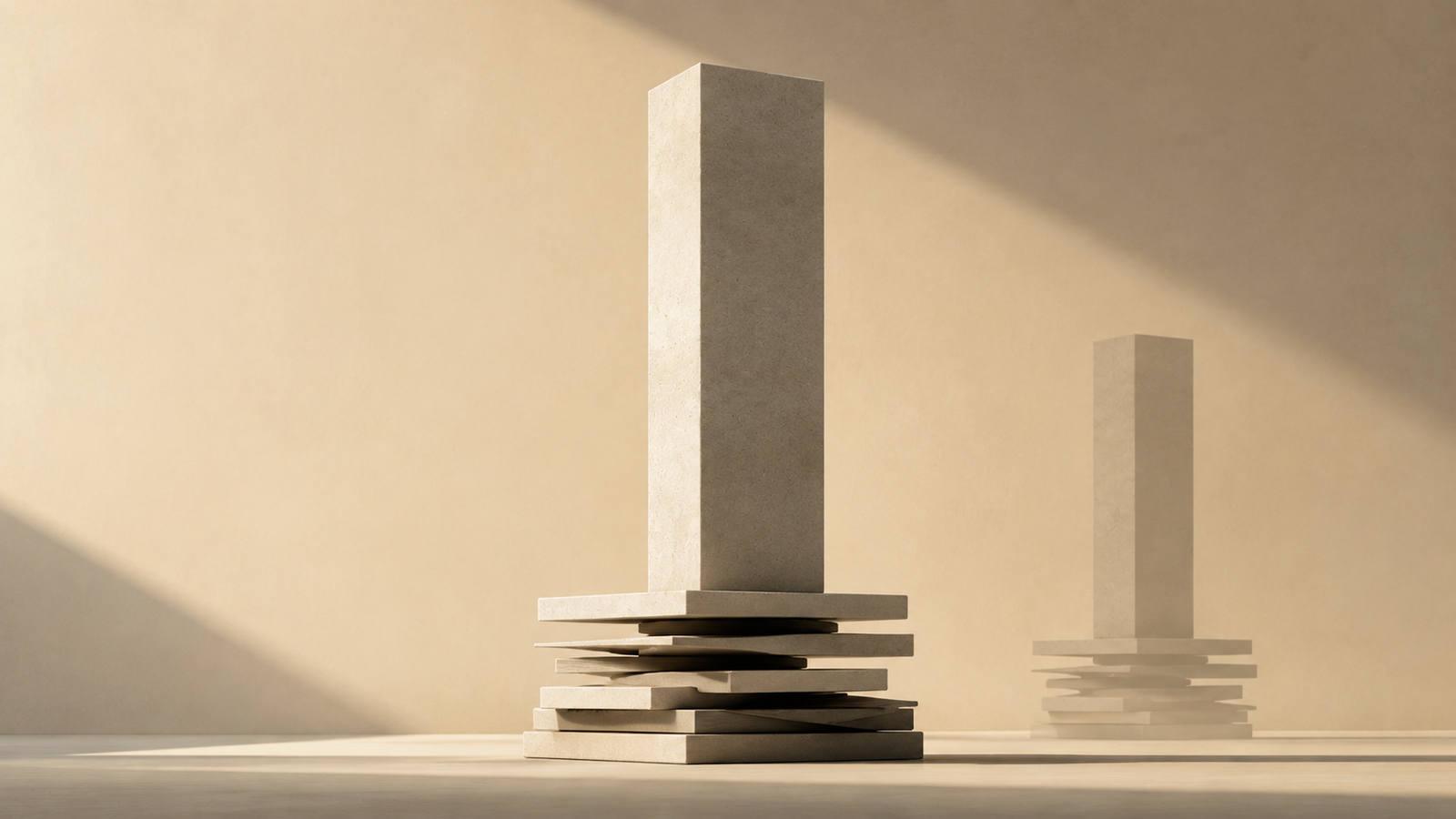 Labor and wages shown through architectural forms representing job strength, wage pressure, and household financial stability.
