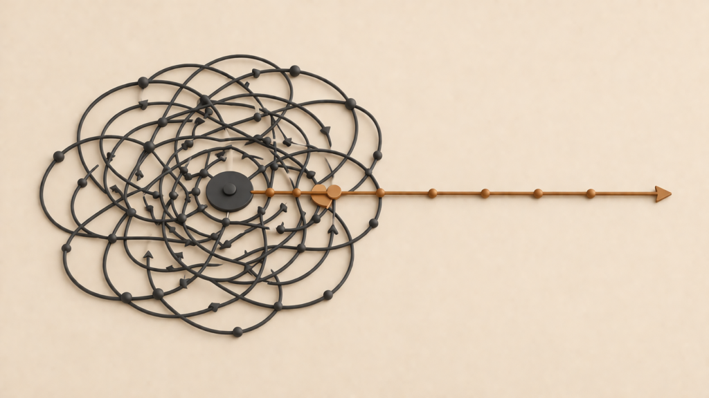 overthinking unstructured thinking shown as looping chaotic pathways with a single structured path breaking forward