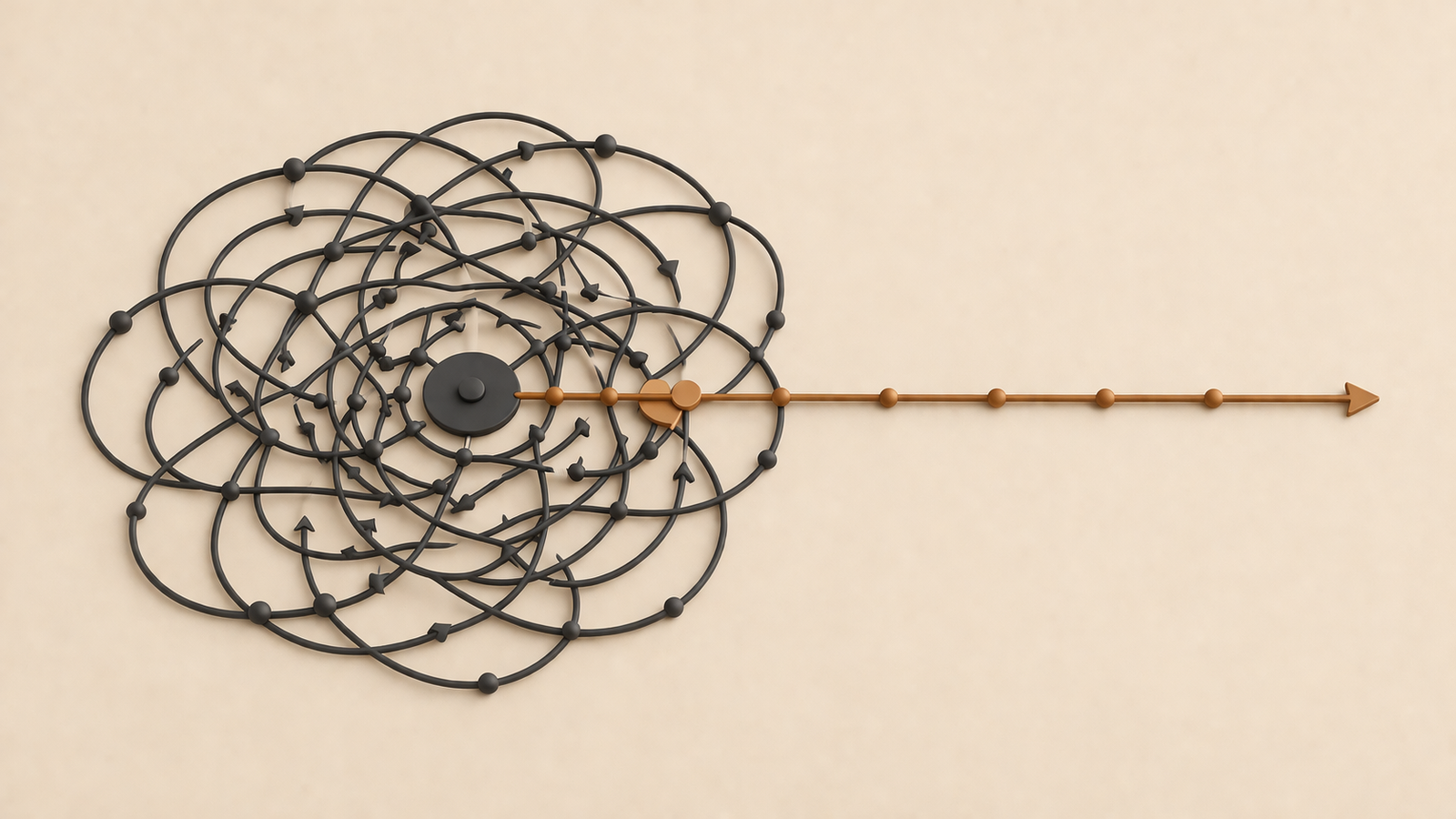 overthinking unstructured thinking shown as looping chaotic pathways with a single structured path breaking forward
