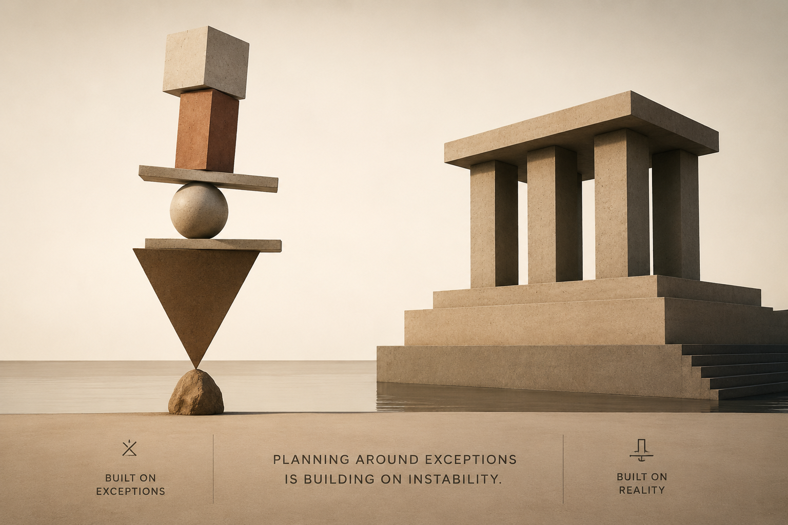 Exception based thinking shown through an unstable narrow structure beside a broad stable foundation, representing rare outcomes versus reality-based planning.