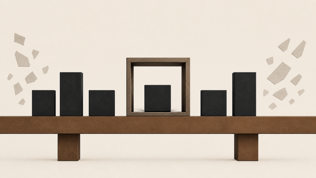 Minimalist architectural illustration of a clay-brown structural beam supporting charcoal blocks, with one central block enclosed within a defined boundary while fragmented shapes remain outside.