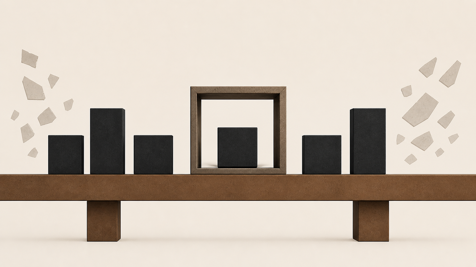 Minimalist architectural illustration representing stay consistent when it gets quiet, with a clay-brown beam supporting stable charcoal blocks in a protected structure.