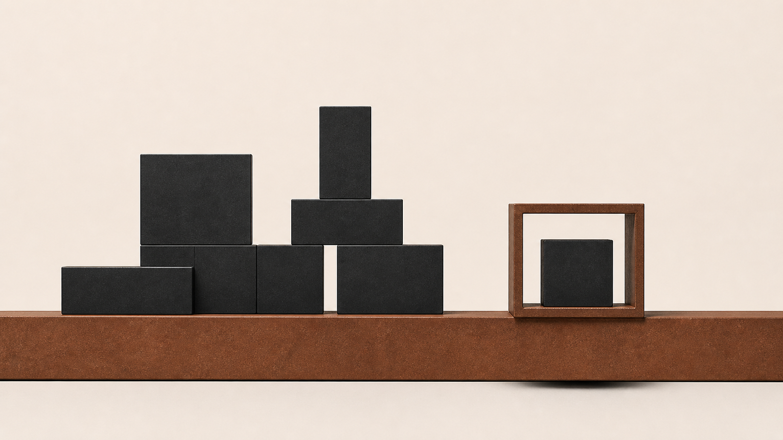 Minimalist architectural illustration representing steward what you carry, with a clay-brown support beam holding aligned charcoal blocks and one enclosed form symbolizing protected growth.