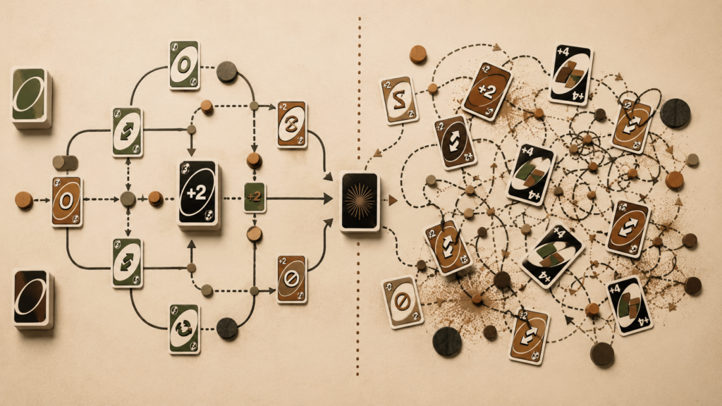 Editorial illustration showing Uno-style cards arranged in fragmented pathways to represent public conversation collapse and algorithmic communication systems.