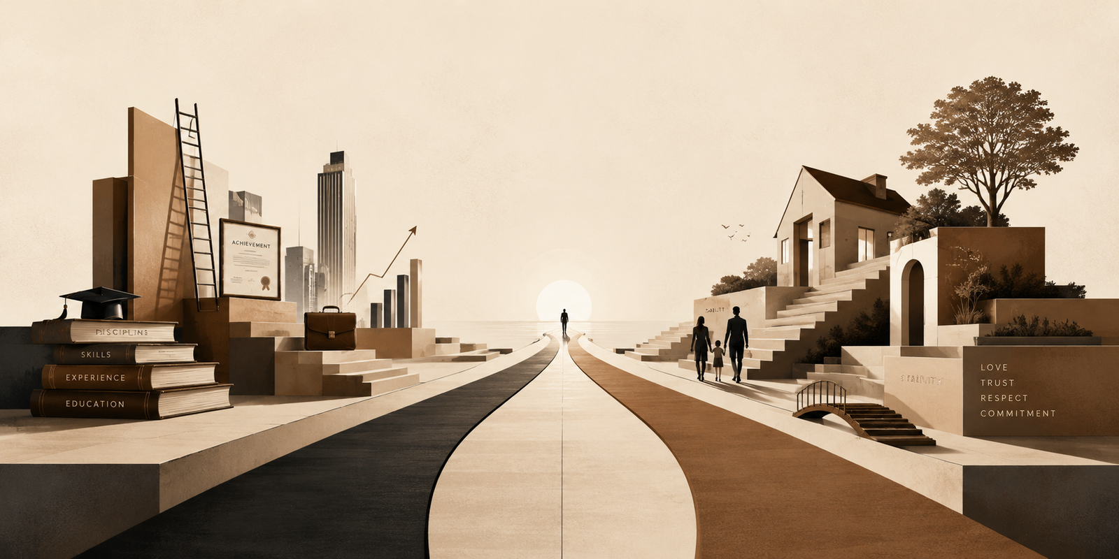 Relationship expectations journey banner showing professional pathways and family structures converging toward modern dating realities and long-term life outcomes.