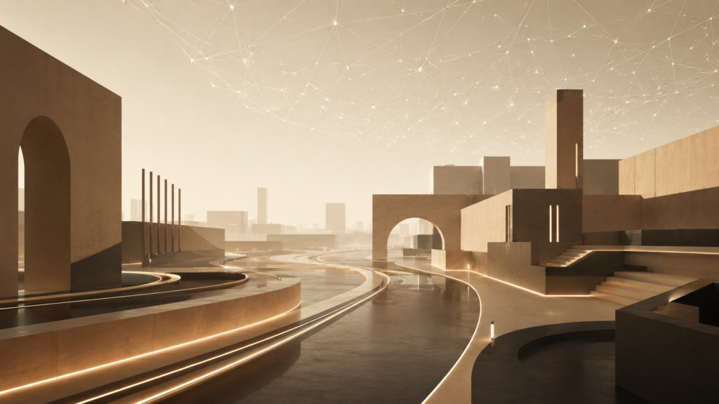 Minimalist architectural cityscape illustrating algorithmic influence, invisible digital systems, and convenience-driven decision making shaping modern society.