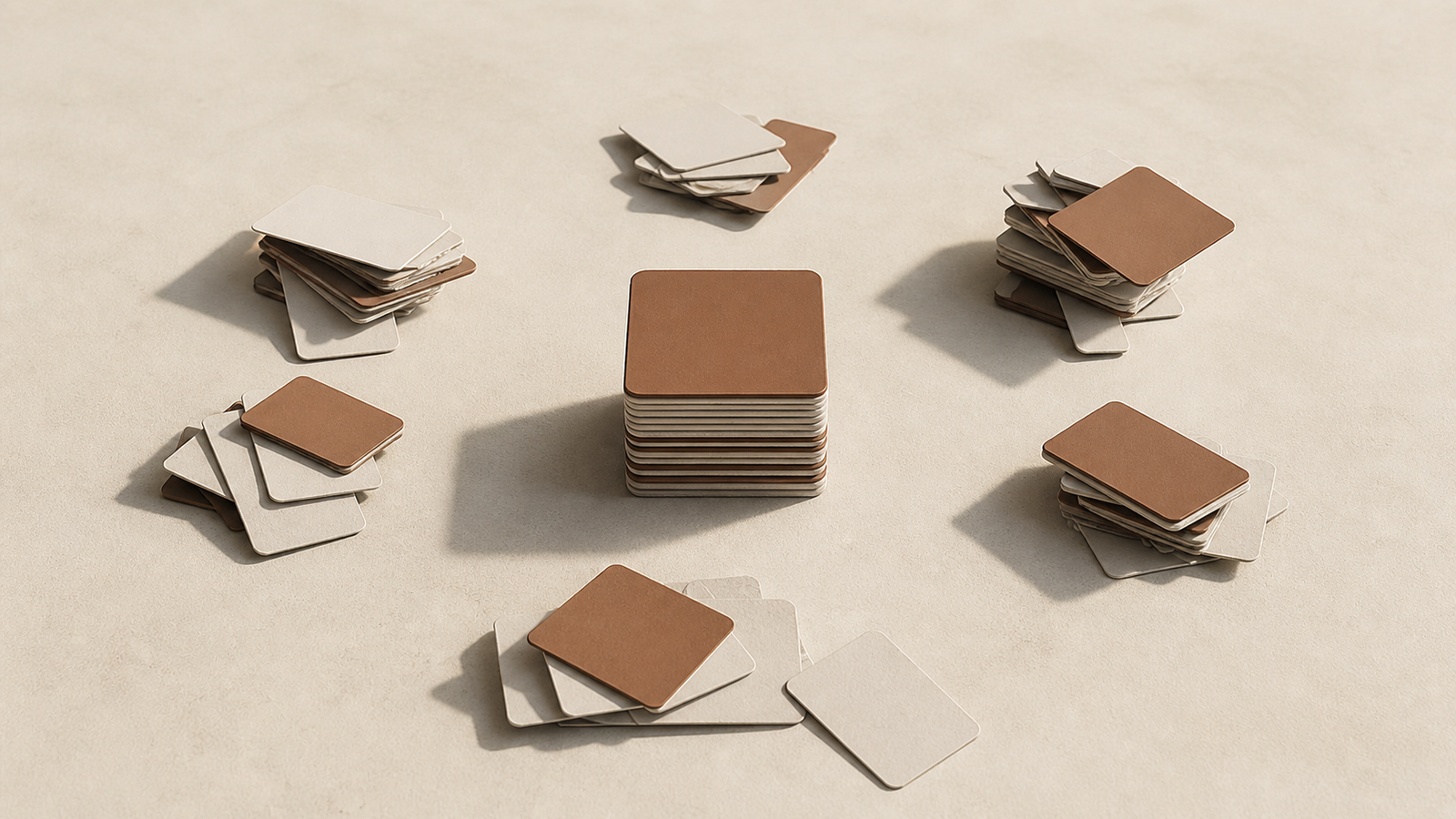 Standard problem in relationships shown through stable card stacks and uneven surrounding stacks representing inconsistent effort