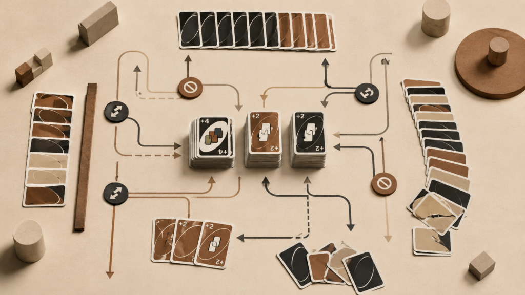 Top-down editorial illustration of Uno-style cards arranged in layered strategic patterns, symbolizing structural power, incentives, and system-driven outcomes.