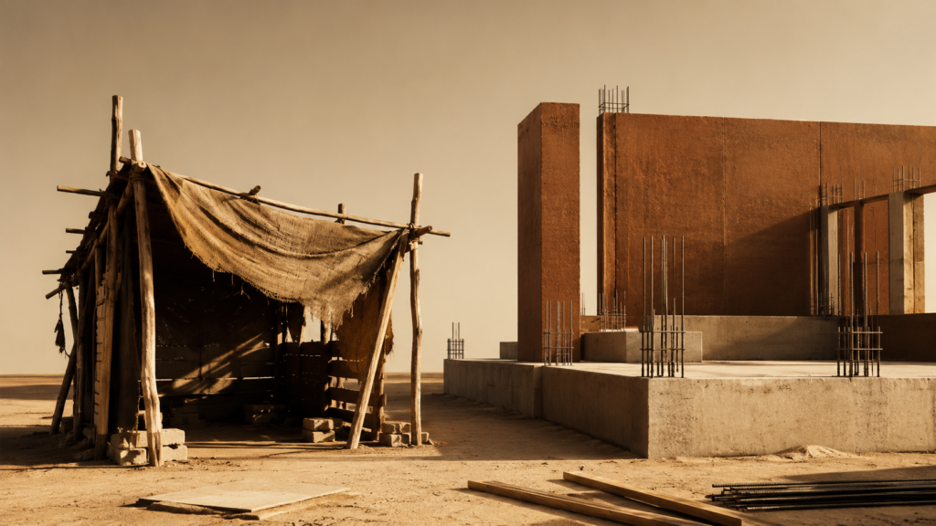 Minimalist architectural illustration showing a temporary shelter supported by rough wooden beams beside a permanent foundation under construction, symbolizing the contrast between short-term survival and long-term stability.