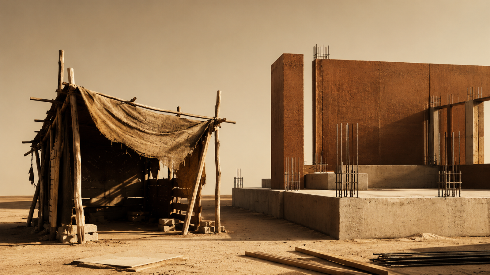 Temporary shelter supported by rough structural beams beside a permanent foundation under construction, symbolizing the difference between survival habits and long-term stability.