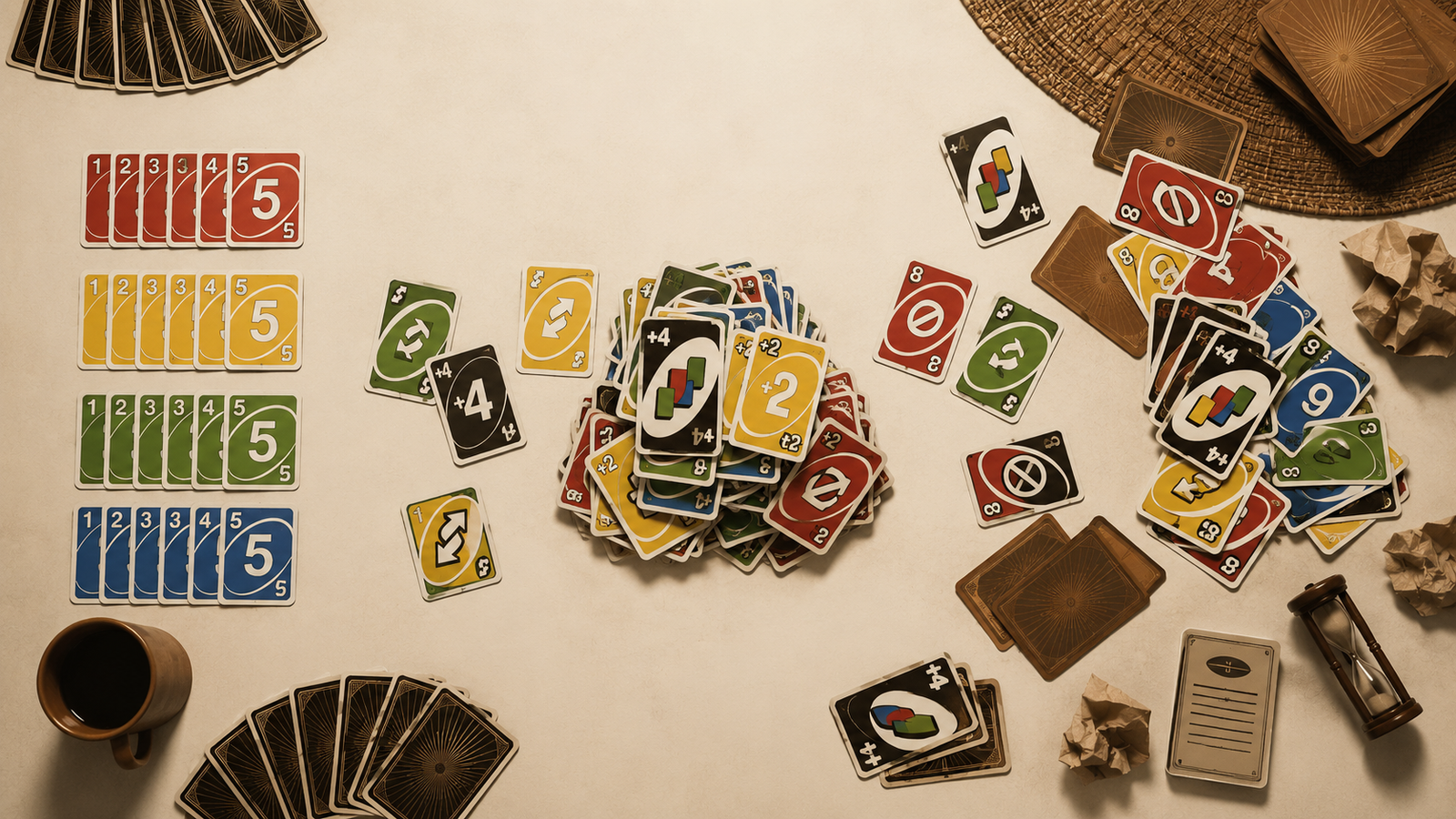 Top-down editorial illustration of an Uno-style family game night table with stacked cards, house-rule tension, and cultural adaptation