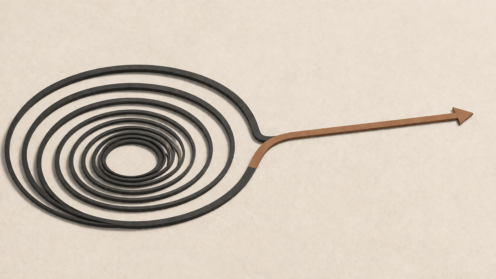 thought loops false urgency shown through repeated circular patterns with a structured exit path