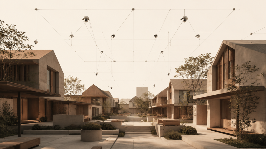 Editorial architectural illustration depicting a connected neighborhood beneath a subtle monitoring framework, symbolizing trust, safety, and surveillance.