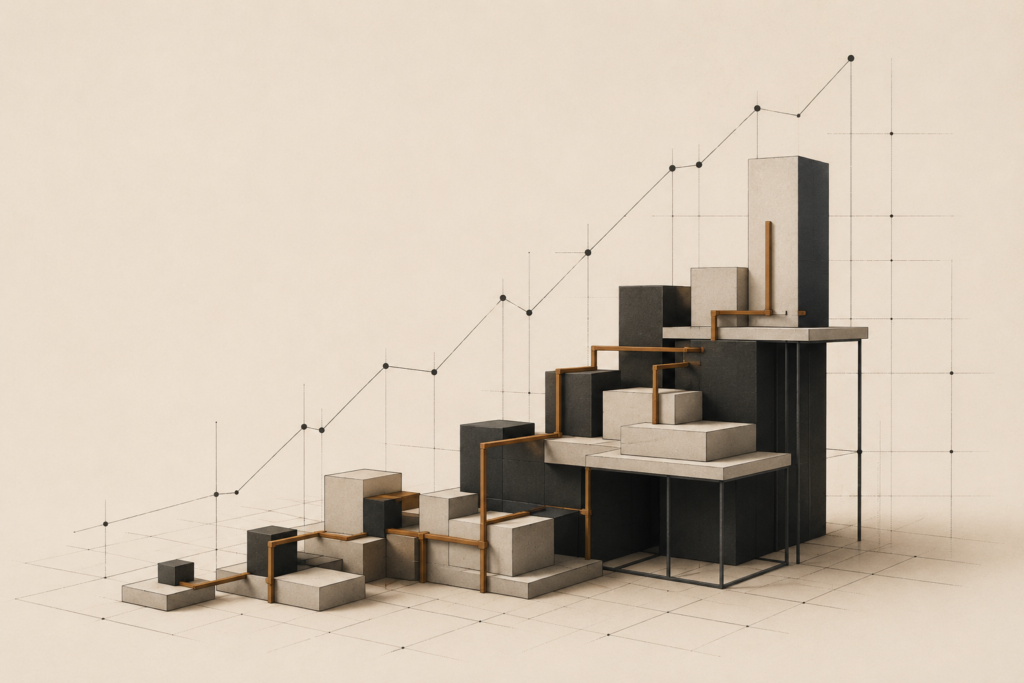 Architectural illustration representing stock ownership, compound growth, and long-term wealth building systems.