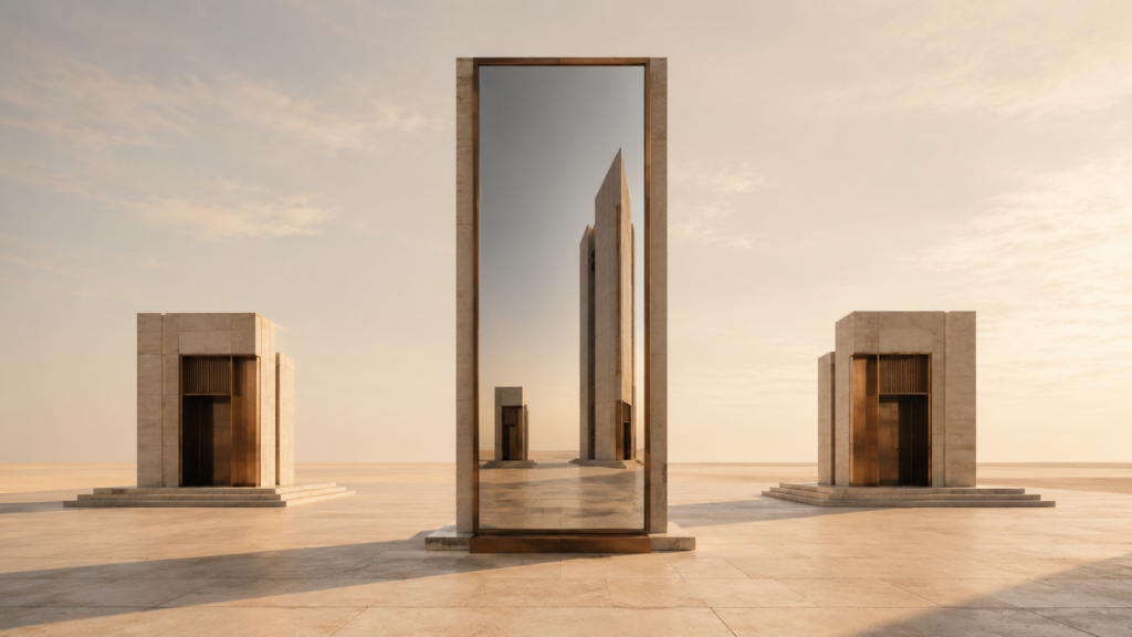 Minimalist architectural illustration showing two balanced structures separated by a large reflective mirror that distorts their true proportions, symbolizing how comparison changes perception rather than reality.