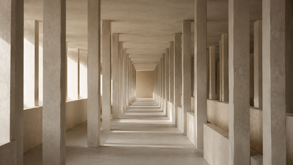 Minimalist architectural environment with repeated pathways expressing reduced effectiveness through excess movement.