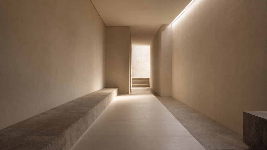 Minimalist architectural space with one clear directional path expressing focused attention through reduction.