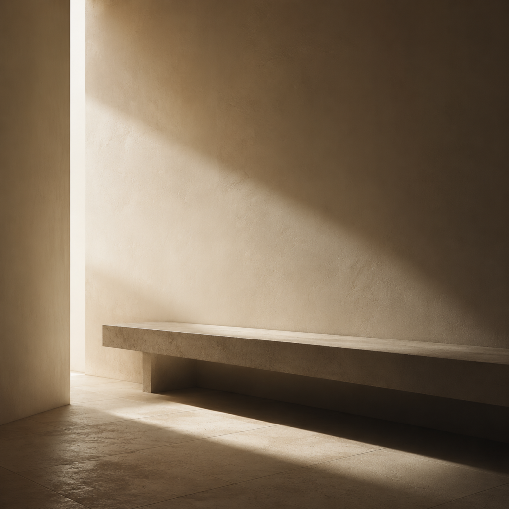 Minimalist architectural resting space with soft natural light expressing incomplete recovery and quiet restoration.