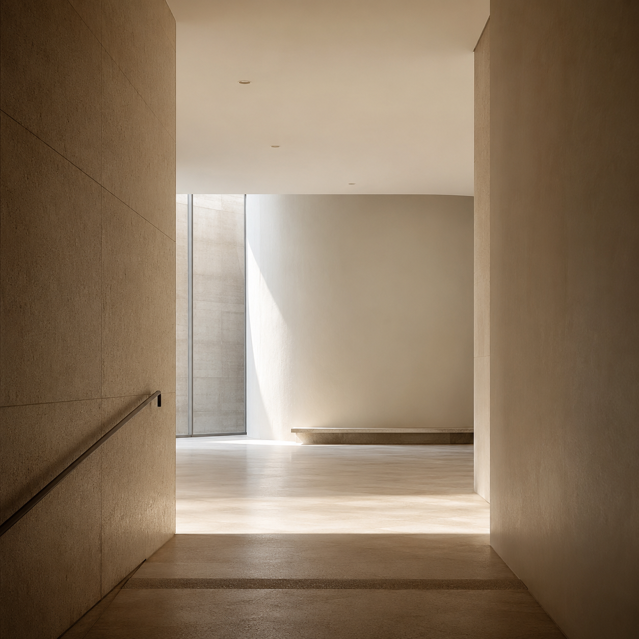 Minimalist architectural transition space with soft natural light and strong negative space expressing deliberate slowing and disciplined stillness.