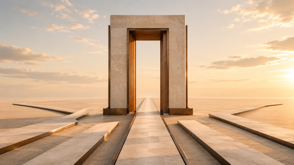 Minimalist architectural illustration showing a monumental gateway with only one pathway continuing through it while other paths naturally diverge, symbolizing the courage to remain authentic despite being misunderstood.