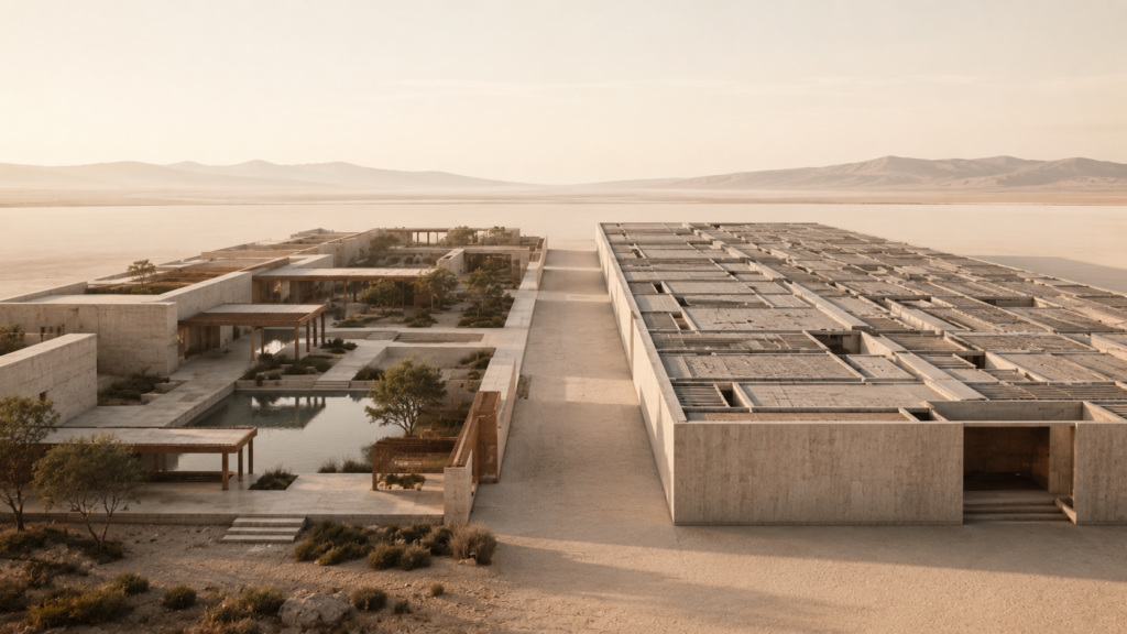 Minimalist architectural illustration comparing a structure designed with integrated spaces for recovery against one built without margin, representing recovery as infrastructure.