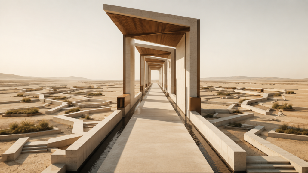 Minimalist architectural illustration showing one uninterrupted pathway protected by structural canopies while surrounding fragmented pathways represent distracted attention.