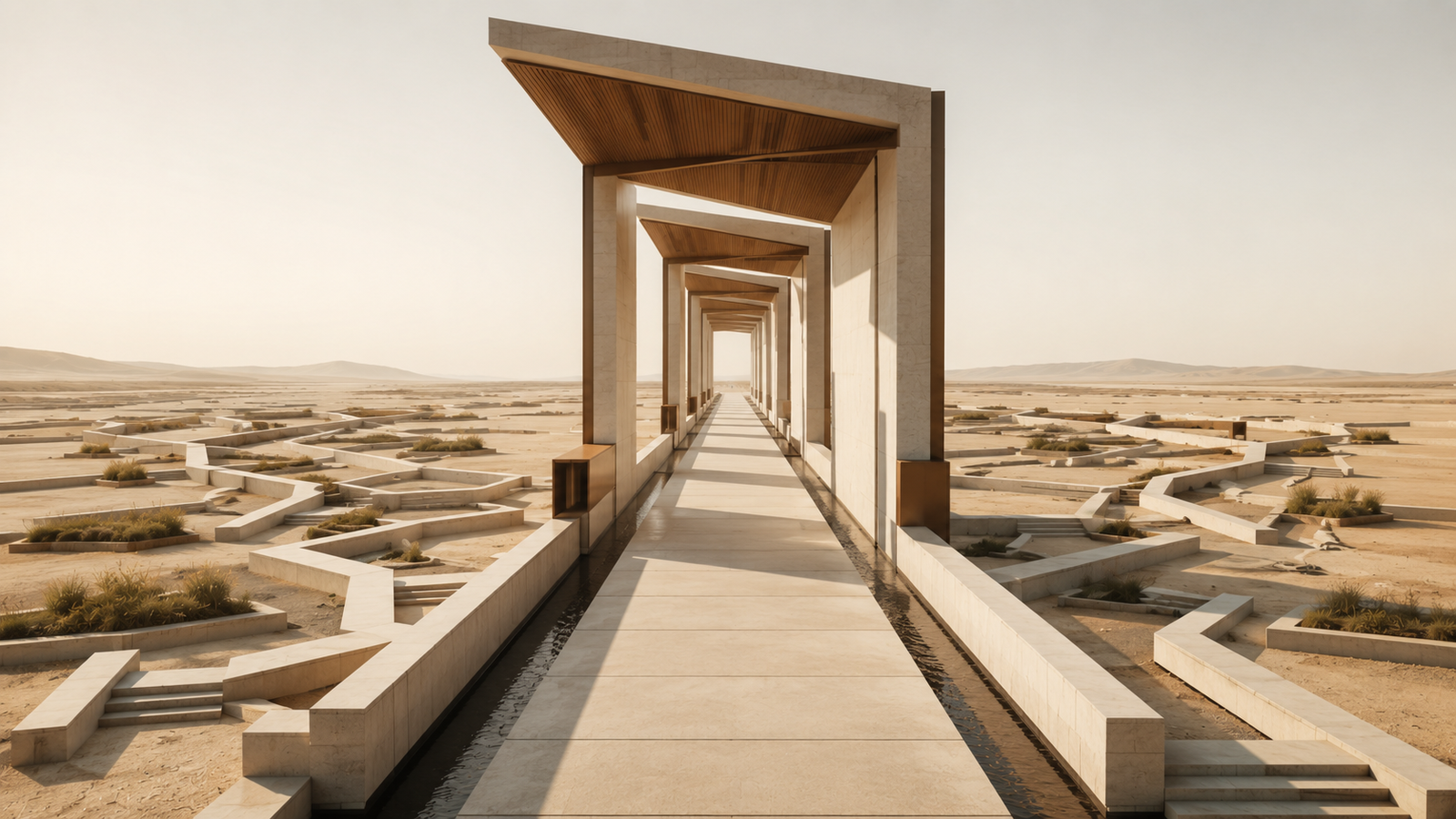 Minimalist architectural illustration showing one protected pathway surrounded by fragmented routes, representing the architecture of focus and the environmental structure needed to protect attention.