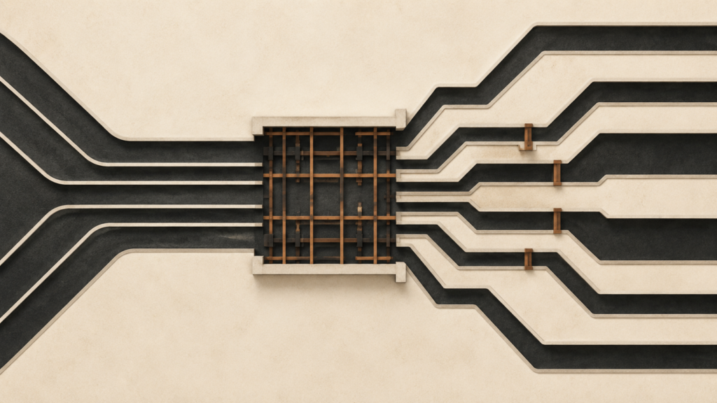 Minimalist architectural illustration showing compressed pathways reorganized into clearer structured channels representing men's mental health and emotional understanding.