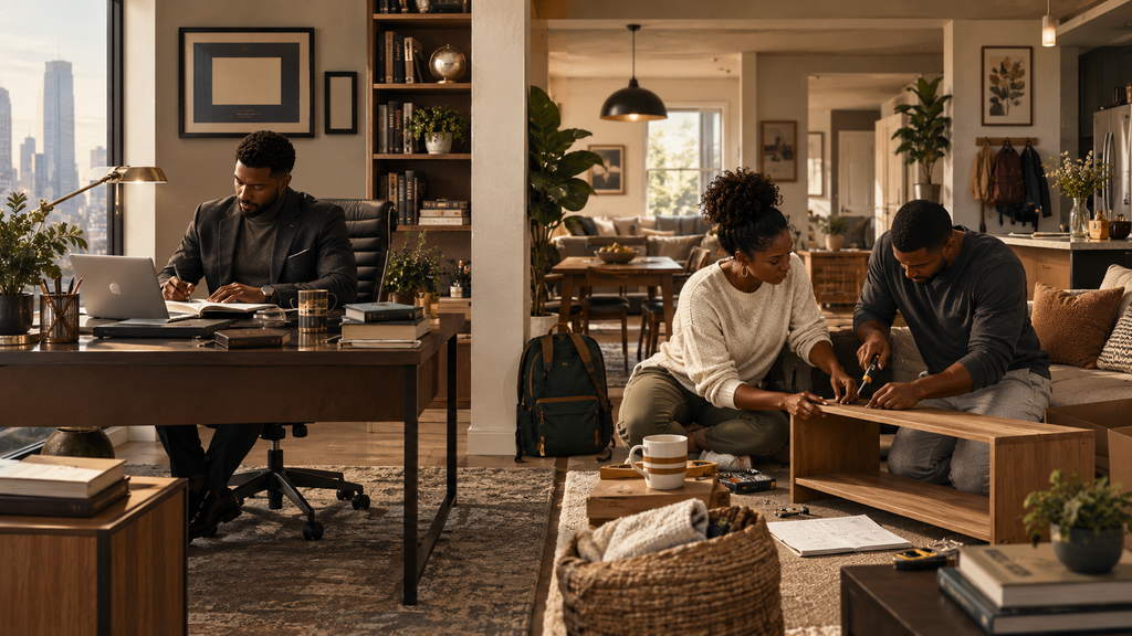 Two accomplished Black adults move between an organized achievement-focused workspace and a shared living environment requiring cooperation, repair, and relational skill.