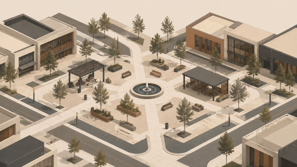 Minimalist editorial illustration of a thoughtfully designed public square with intersecting pedestrian pathways, a central fountain, shaded gathering spaces, and surrounding civic buildings that demonstrate how physical design shapes community interaction.