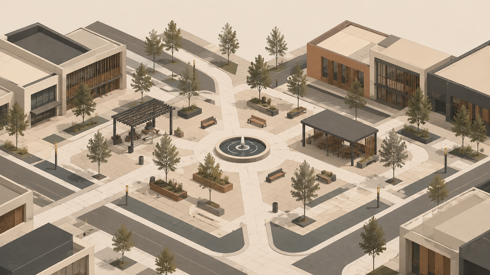 Minimalist editorial illustration of a geometric public square with converging pedestrian pathways, a central fountain, shaded gathering spaces, trees, and surrounding civic buildings representing how third places strengthen community life.