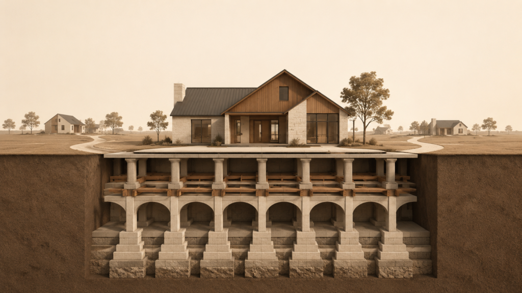 Minimalist architectural illustration showing a family home supported by deep interconnected foundations that symbolize trust, responsibility, stewardship, shared purpose, and daily rhythm.