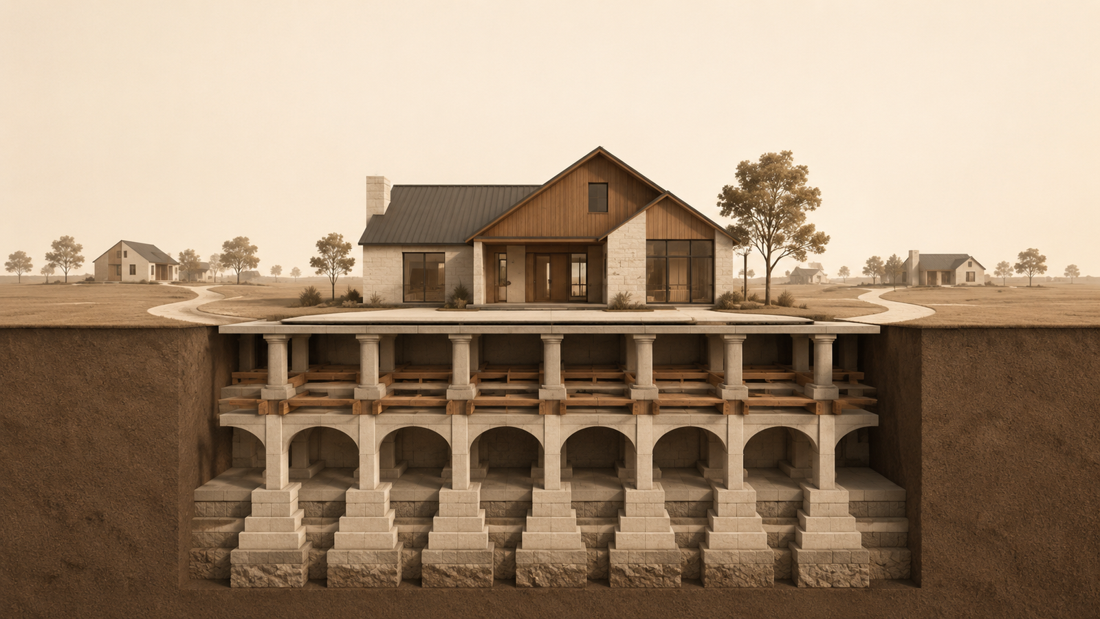 Minimalist architectural illustration showing a family home supported by deep interconnected foundations symbolizing trust, responsibility, stewardship, shared purpose, and daily rhythm.